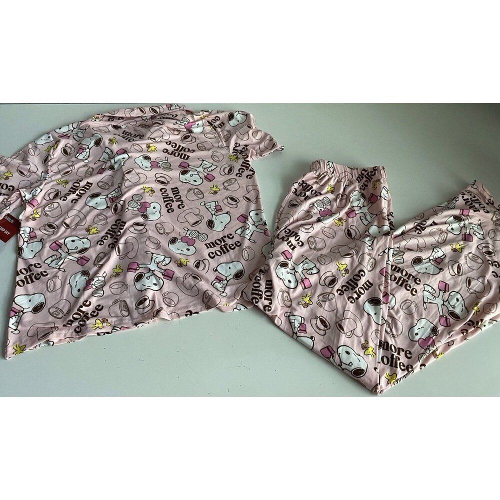 Peanuts SNOOPY Pink Women’s Sz L‎ Pajama PJ Set Pants Short Sleeve More Coffee - Picture 10 of 12